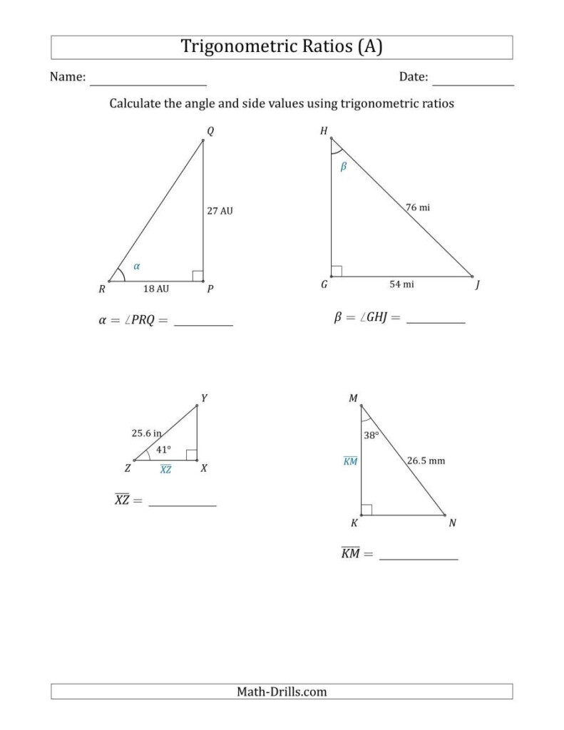 The Calculating Angle And Side Values Using Trigonometric Ratios A 