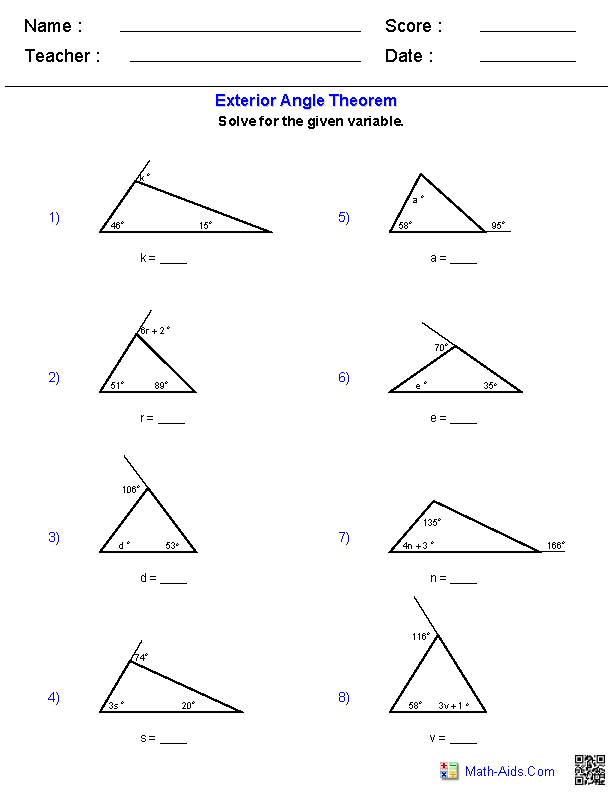 The Exterior Angle Theorem Geometry Worksheets Triangle Worksheet 