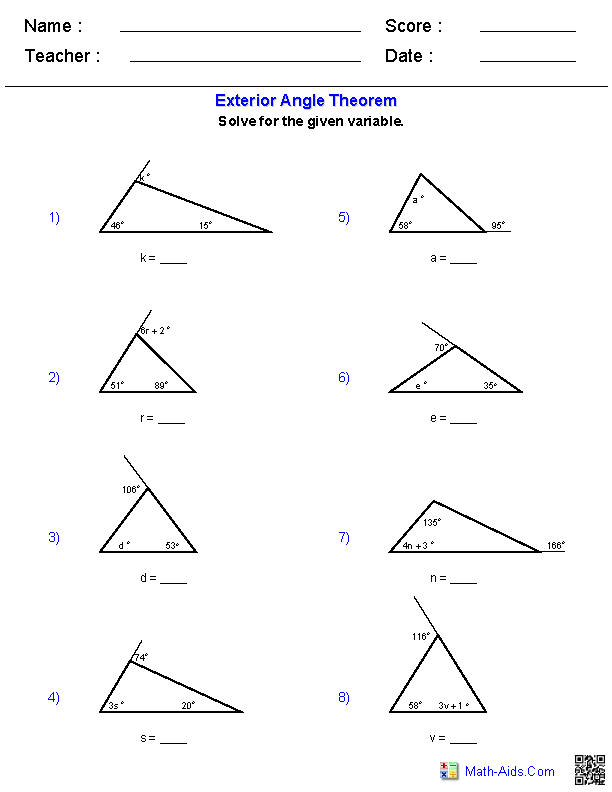 The Exterior Angle Theorem Geometry Worksheets Triangle Worksheet