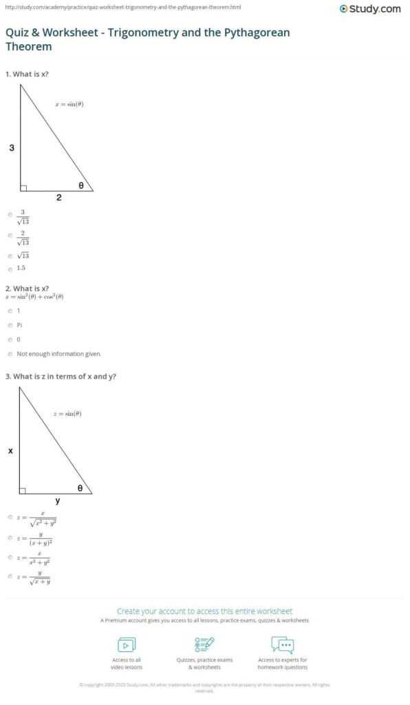 The Pythagorean Theorem Worksheet Quiz Worksheet Trigonometry And The 