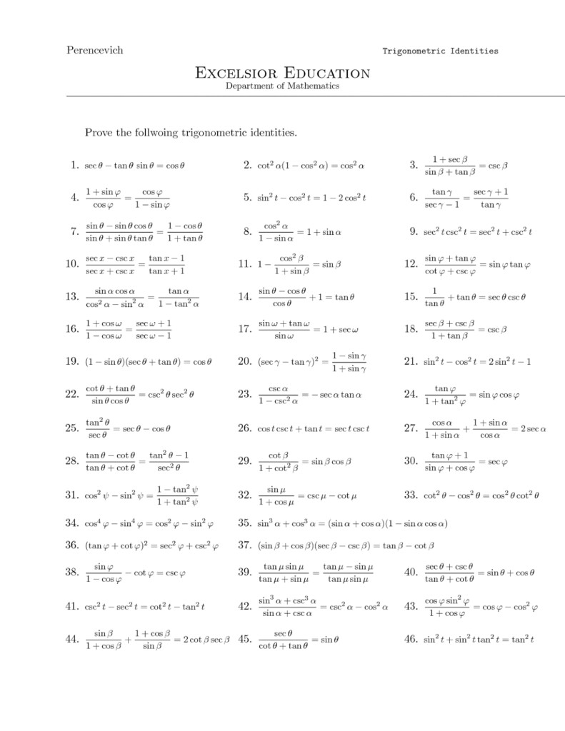 Trig Identities Worksheet