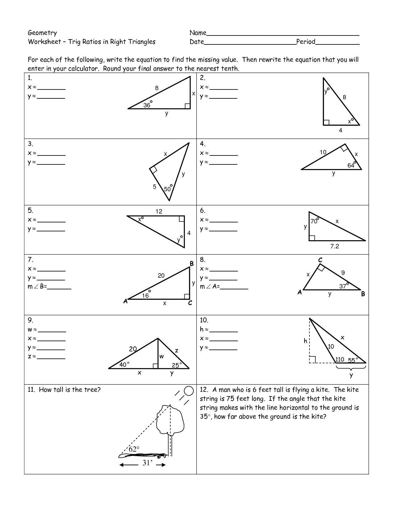 Right Angle Triangles And The Cosine Ratio Worksheet - Angleworksheets.com