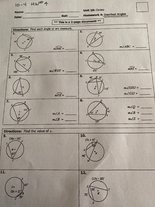 Unit 10 Circles Homework 5 Inscribed Angles 6 1 Homework Angles Of 