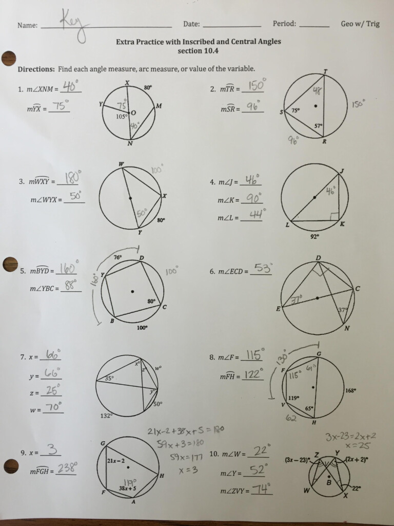 Unit 10 Circles Homework 5 Inscribed Angles Answer Key Inscribed 