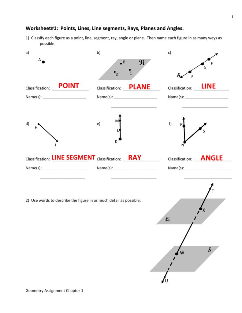 Worksheet 1 Points Lines Line Segments Rays Planes And Angles