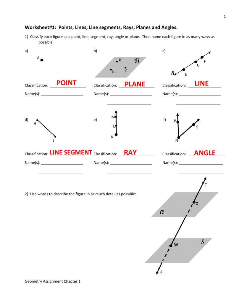 Worksheet 1 Points Lines Line Segments Rays Planes And Angles 