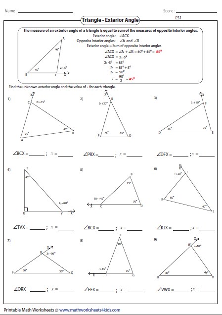 Worksheet Triangle Sum And Exterior Angle Theorem Answers Free 