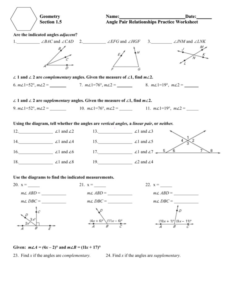 1 5 Angle Pair Relationships Practice Worksheet Answers Db excel