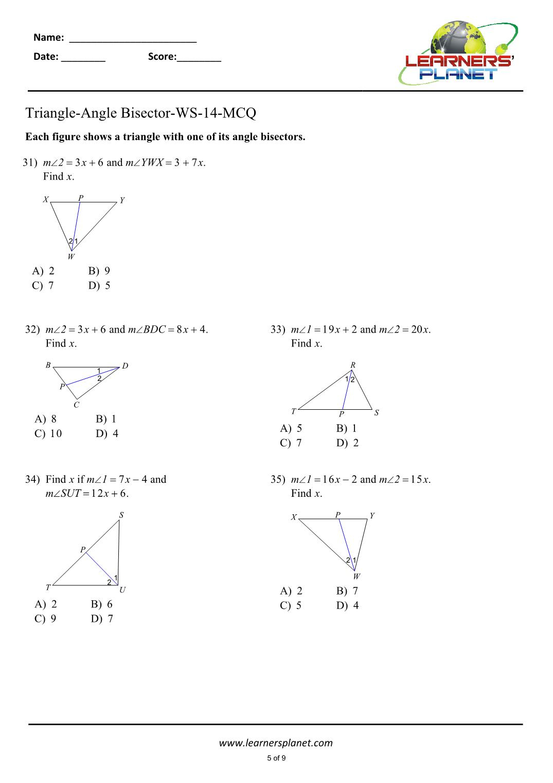 5 Angle Bisector Of Triangles Worksheet 5225
