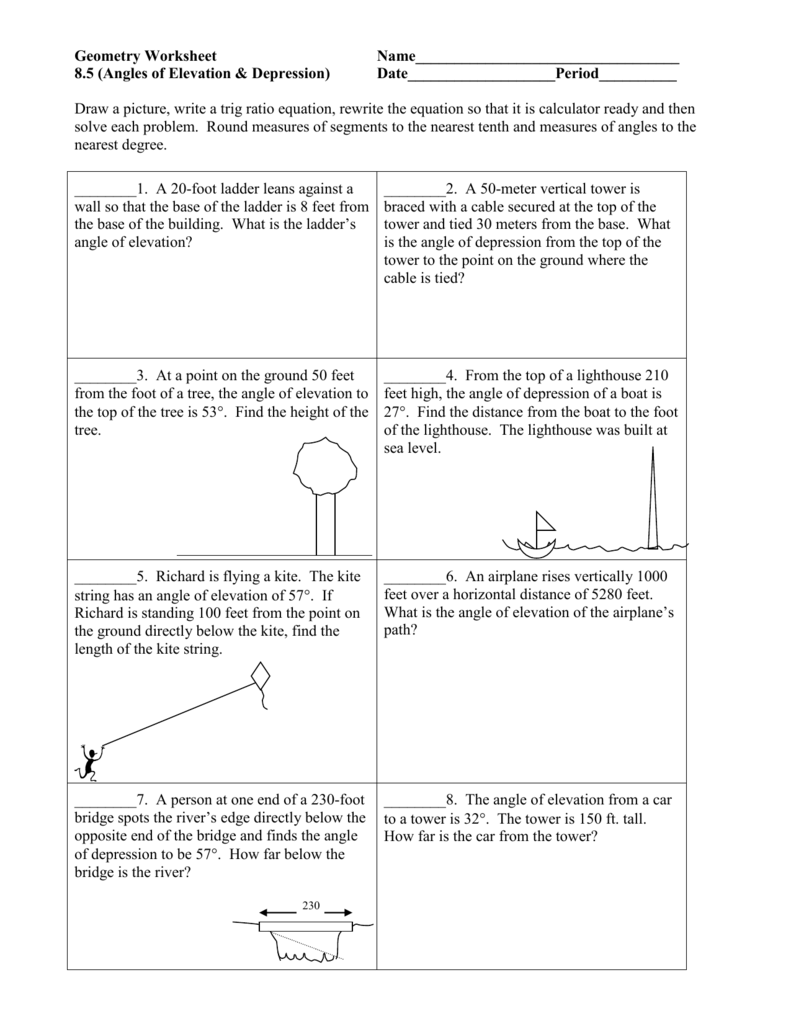 Angles Of Elevation And Depression Worksheet With Answers 
