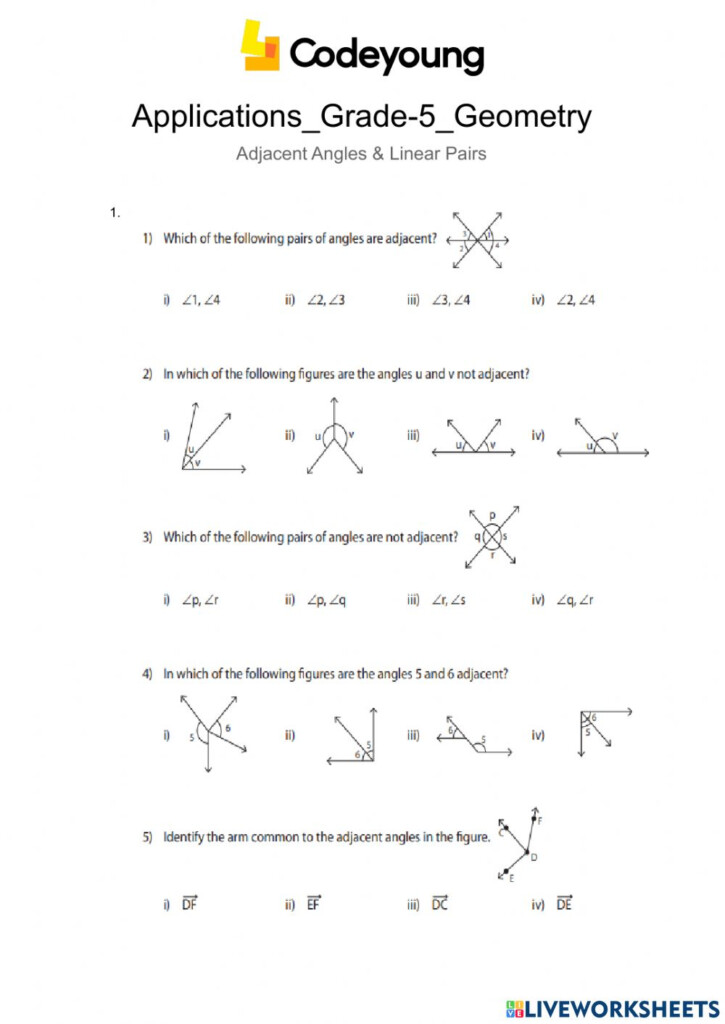 Application Adjacent Angles Linear Pairs Worksheet