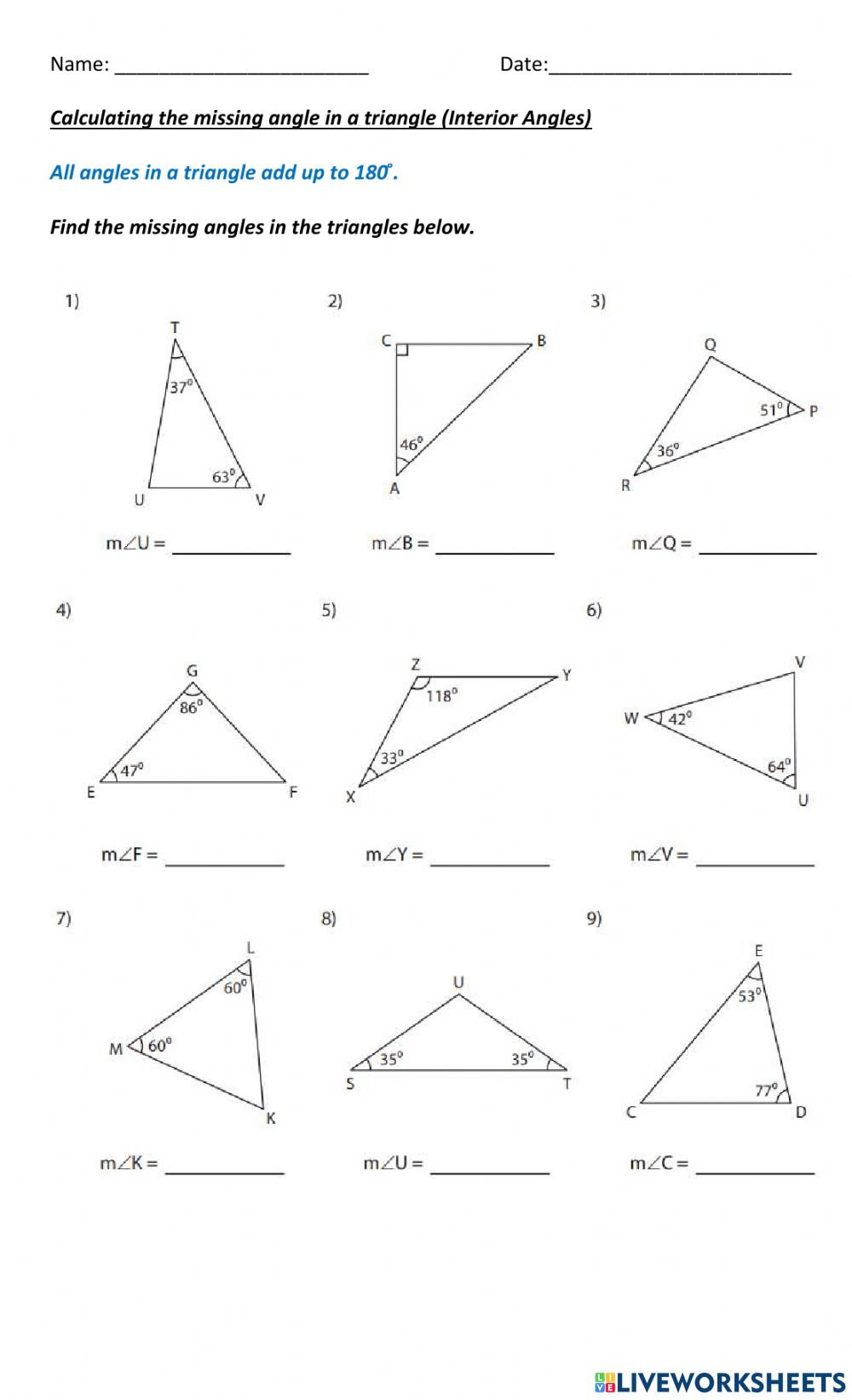 Calculating The Missing Angle In A Triangle Worksheet