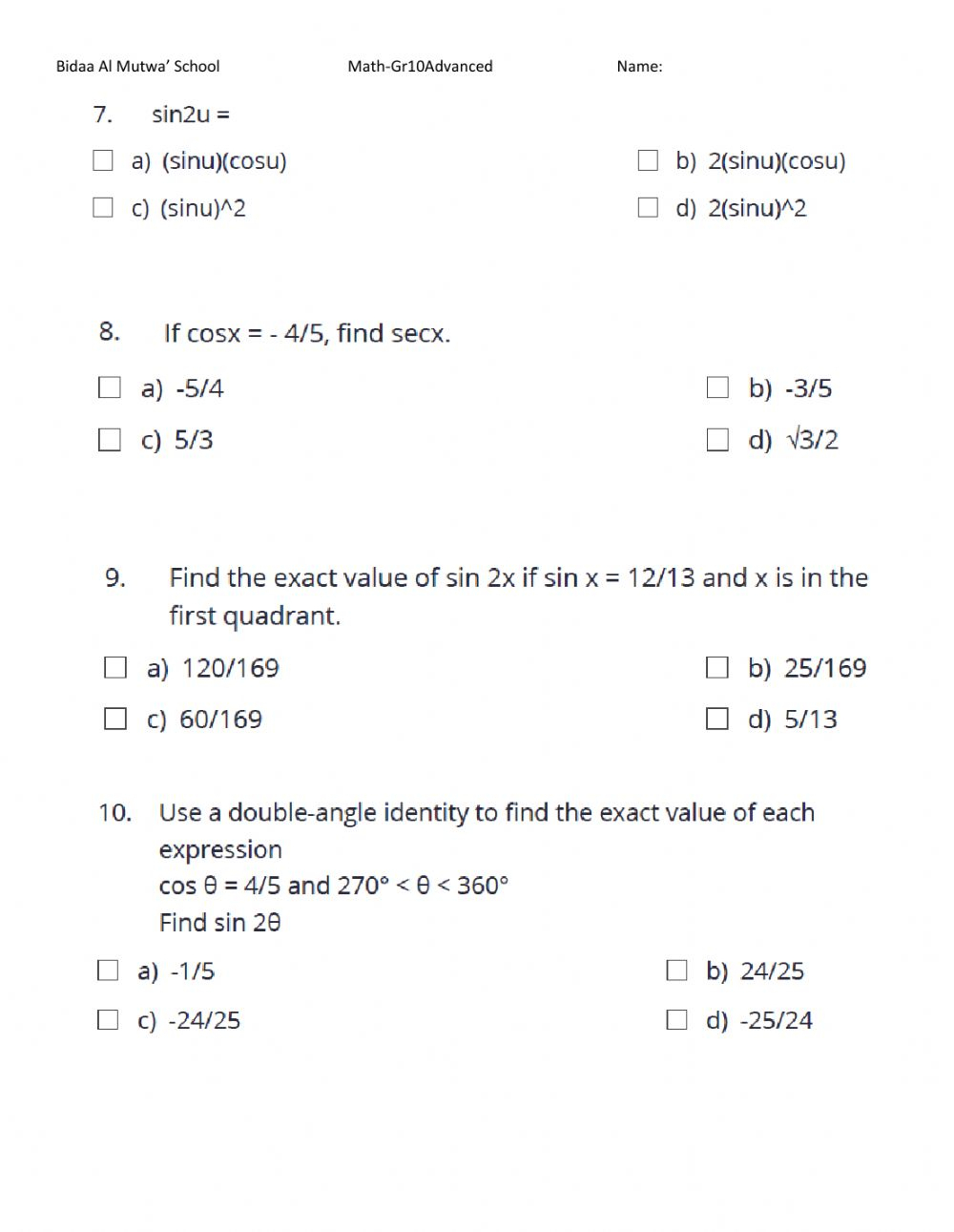 Double And Half Angle Identities Worksheet Answers Kuta Software