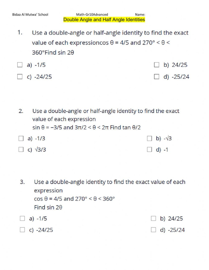 Double Angle And Half Angle Identities Worksheet