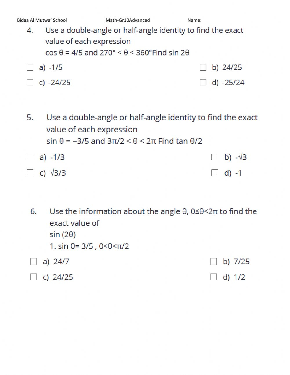  Double Angle Identities Worksheet Answers Angleworksheets