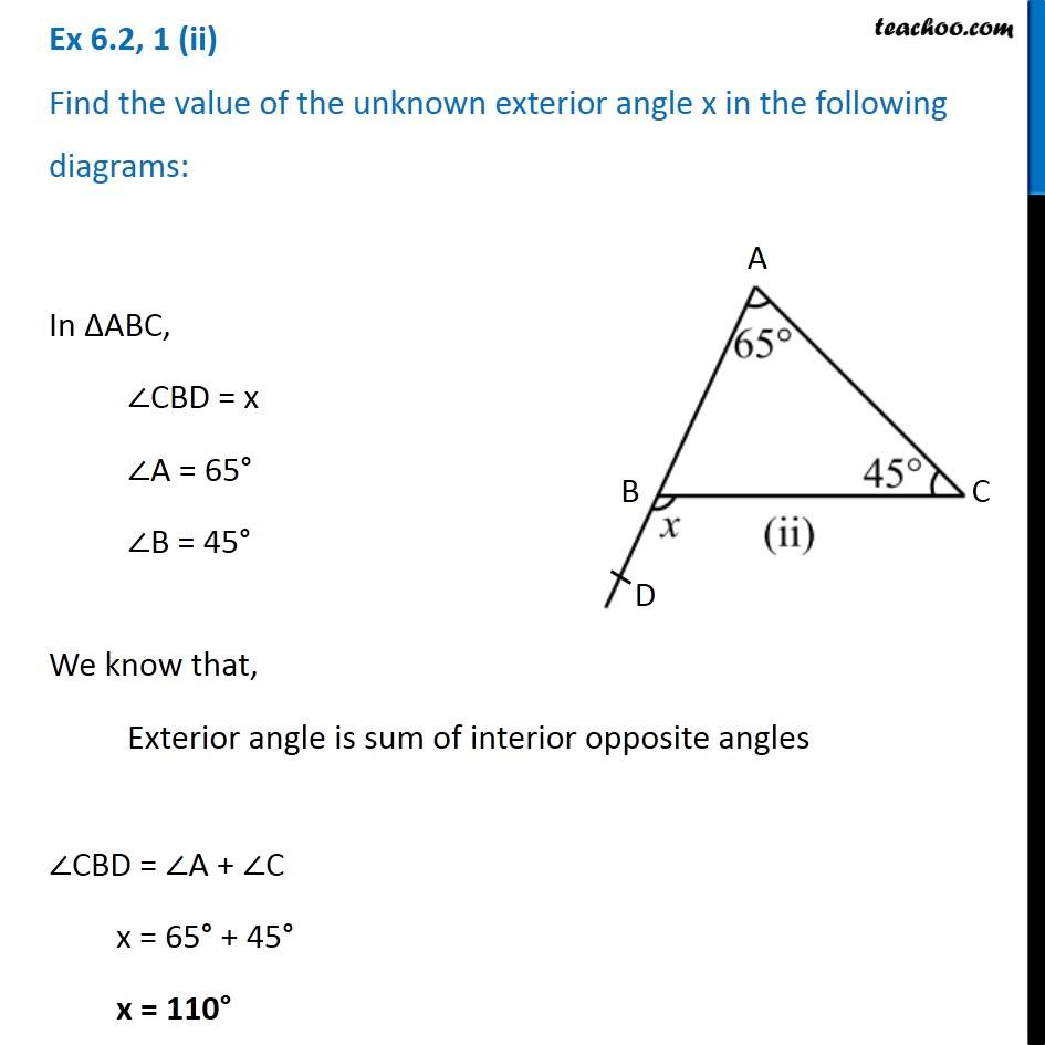 Ex 6 2 1 Find The Value Of The Unknown Exterior Angle X In