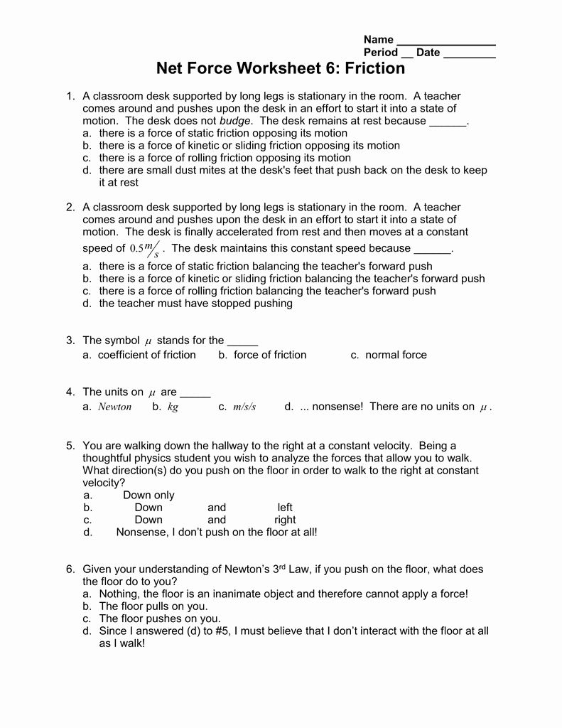 Forces Worksheet 1 Answer Key Awesome Coefficient Friction Worksheet 