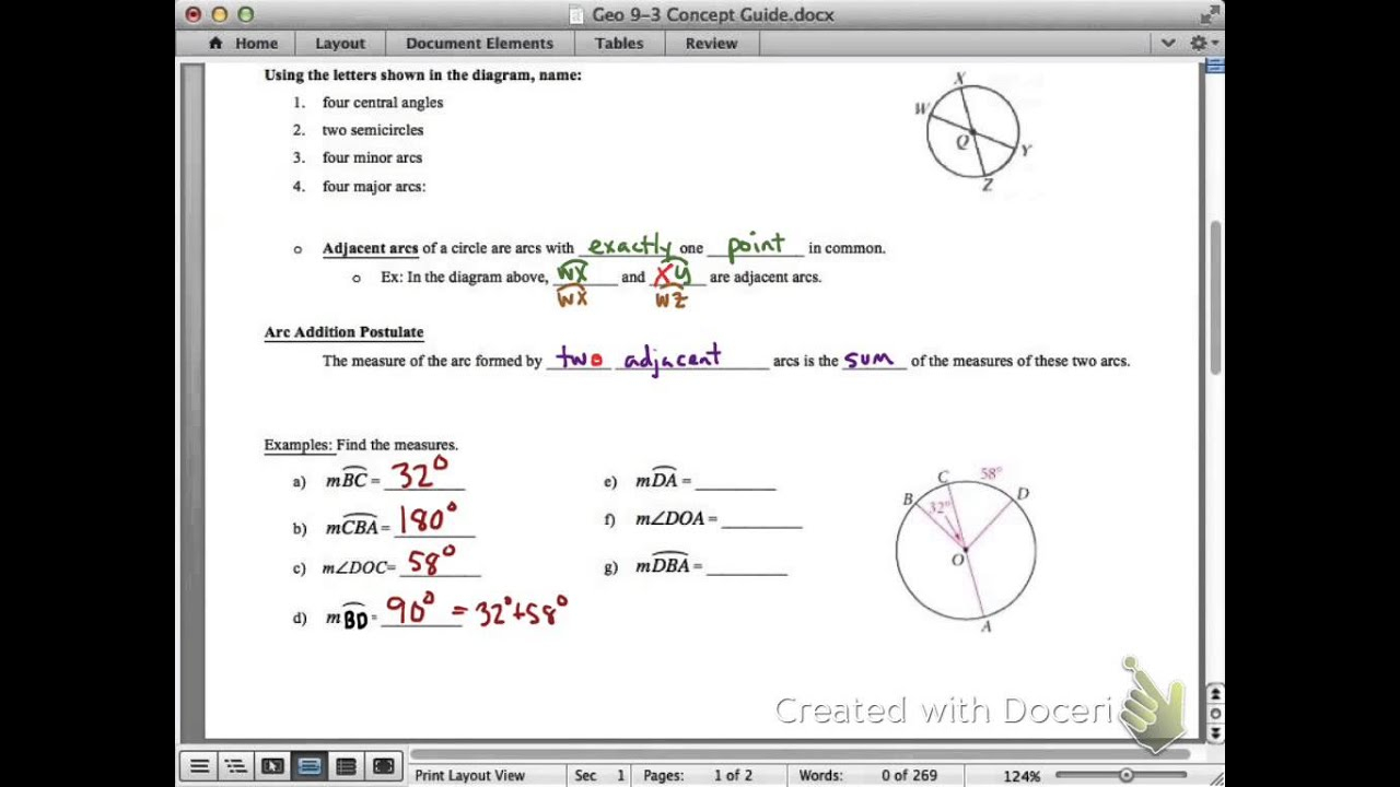 Geometry 9 3 Concept Guide arcs And Central Angles YouTube