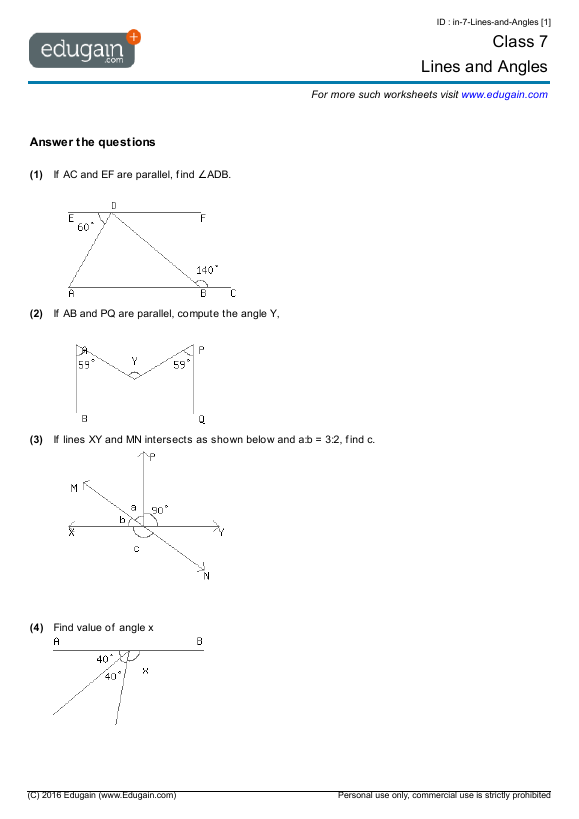 Grade 7 Lines And Angles Math Practice Questions Tests 