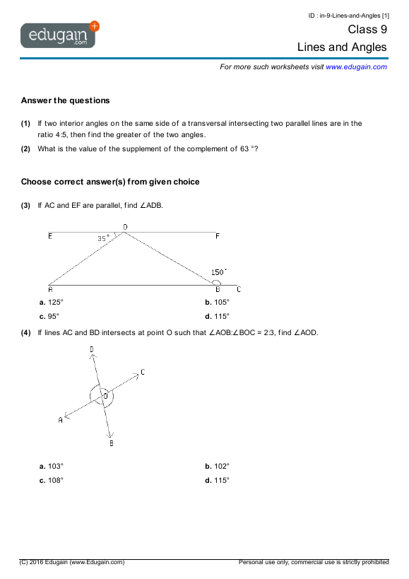 Grade 9 Lines And Angles Math Practice Questions Tests
