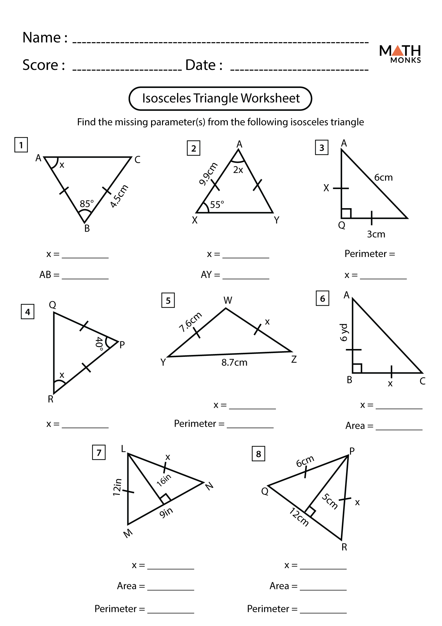 Isosceles And Equilateral Triangles Worksheets Math Monks