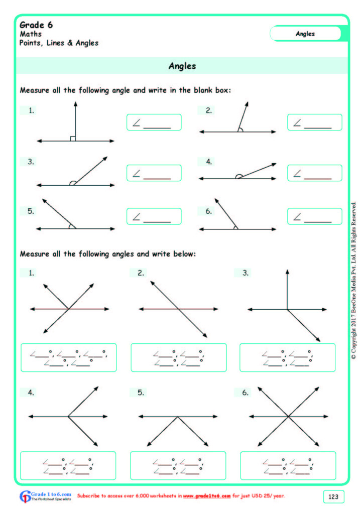 Measuring Angles Grade 6 Worksheet