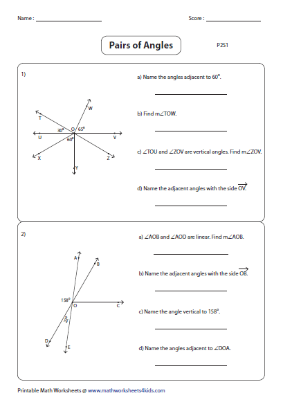 Pairs Of Angles Worksheets