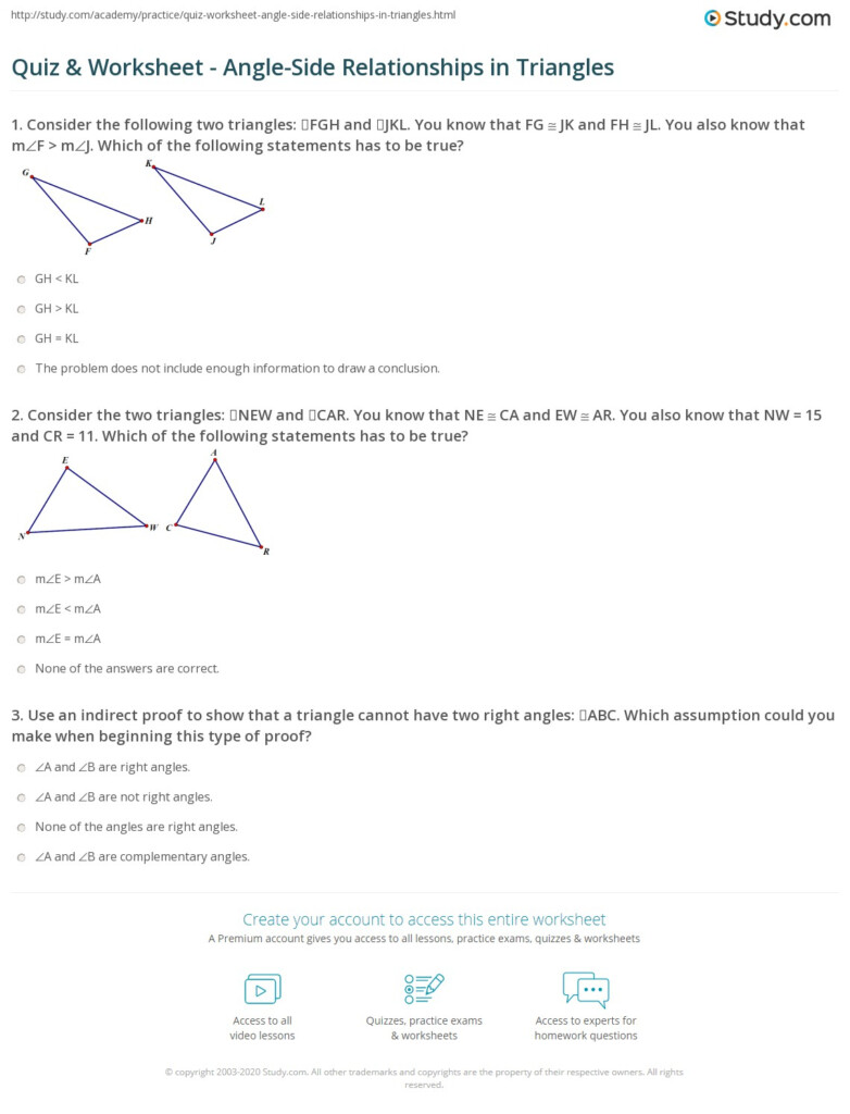 Quiz Worksheet Angle Side Relationships In Triangles Study