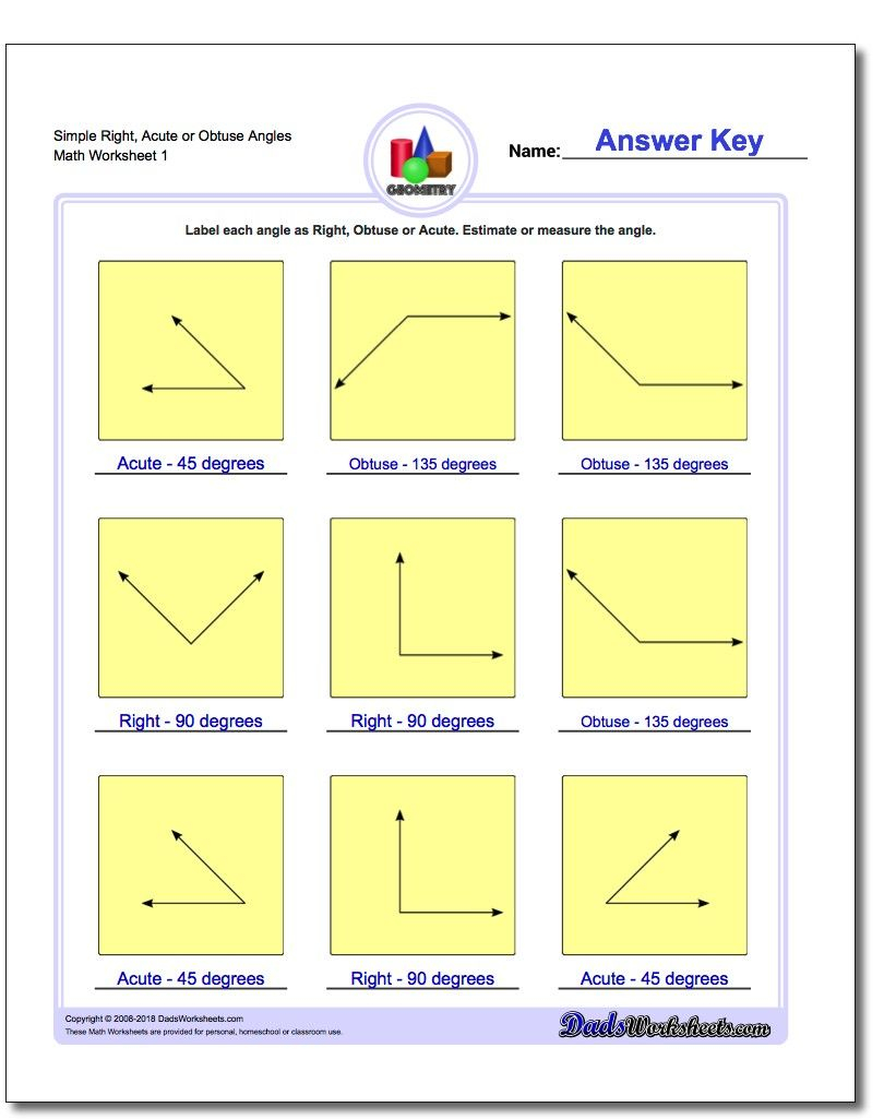 Simple Right Acute Or Obtuse Angles Worksheet Basic Geometry 