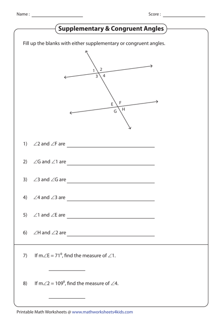 Supplementary Congruent Angles Worksheet With Answer Key Download 