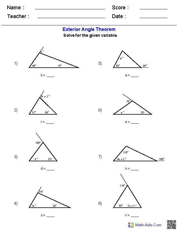 The Exterior Angle Theorem Geometry Worksheets Triangle Worksheet 