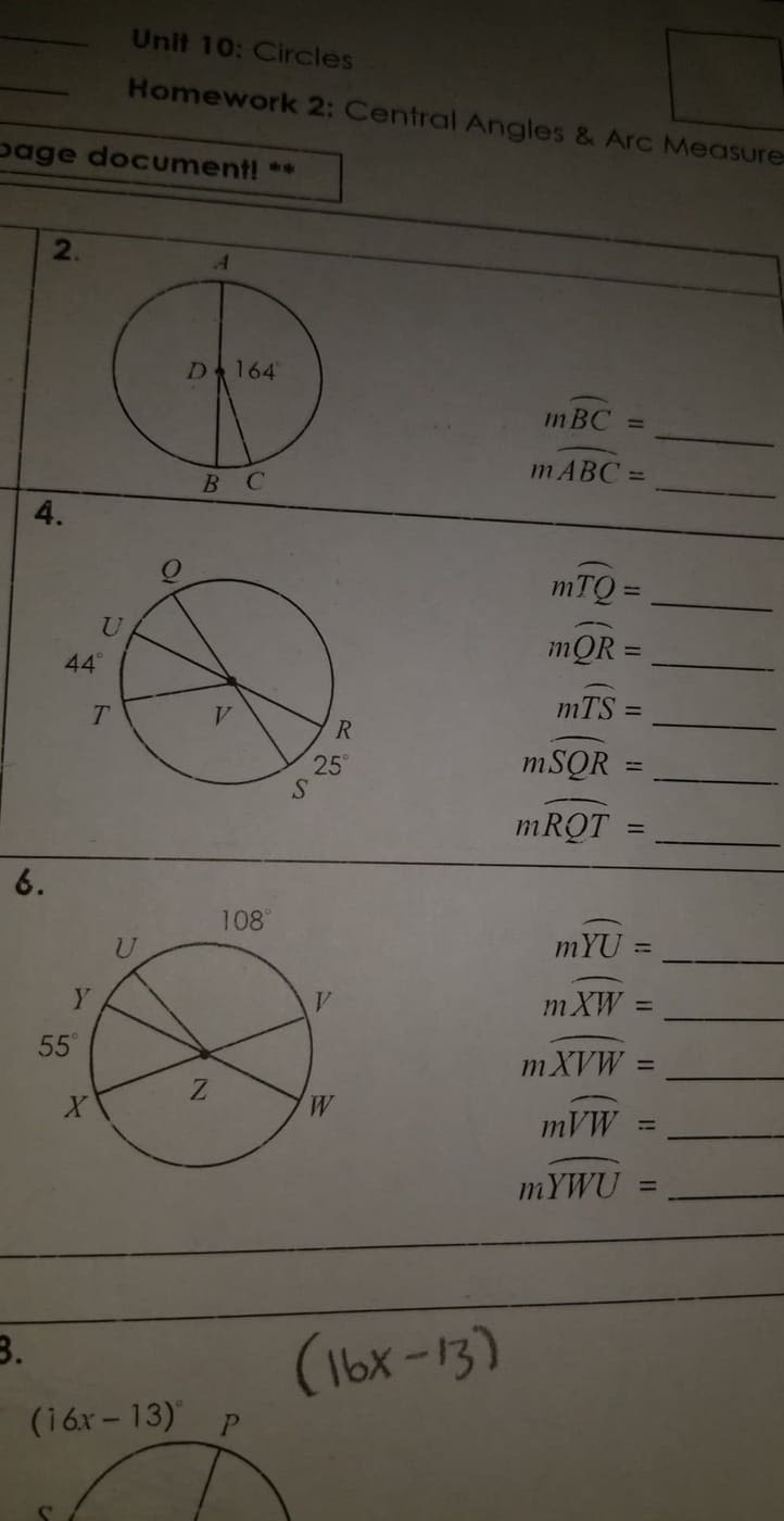 Geometry Worksheet Section 102 Arcs And Central Angles Answers