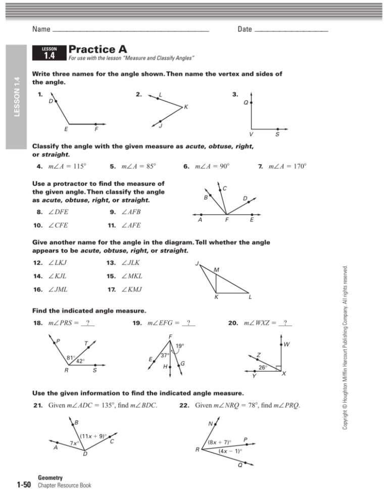 Worksheet 14 Measure And Classify Angles Answers Worksheet Student