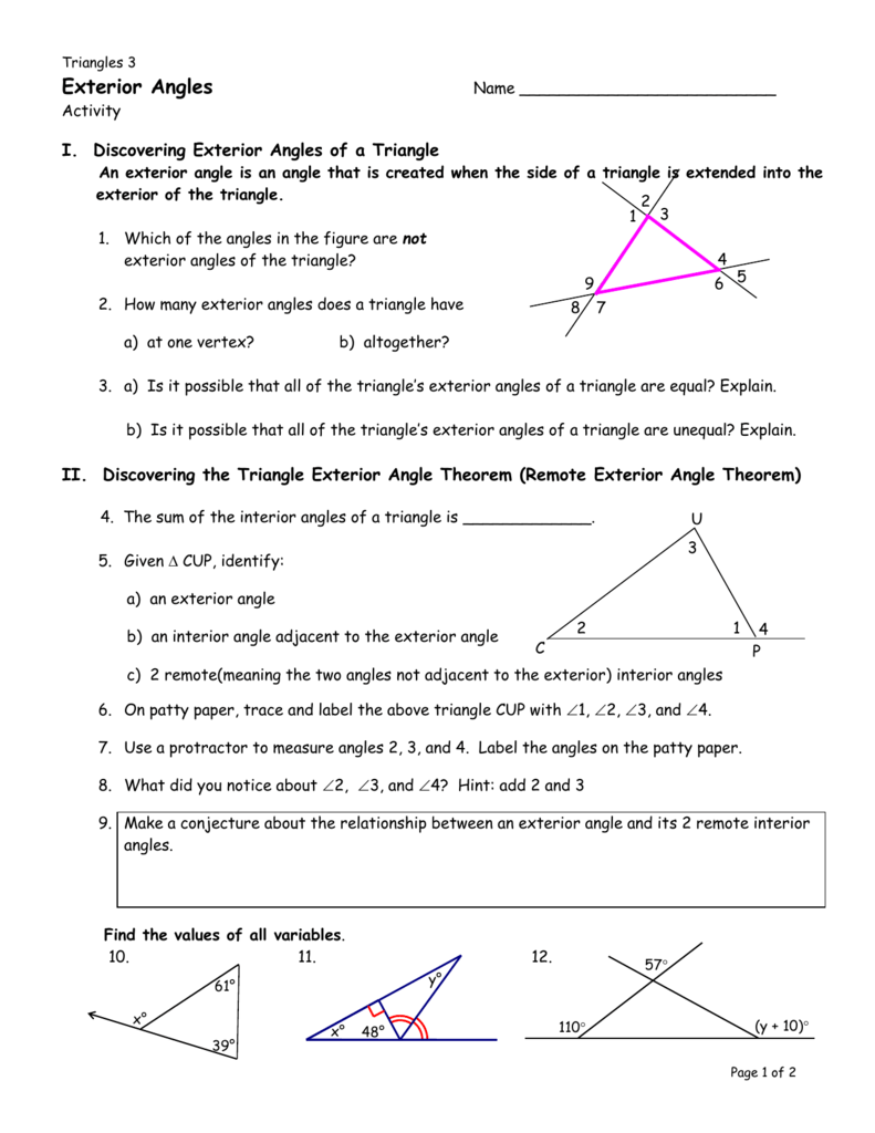 Worksheet Triangle Sum And Exterior Angle Theorem Key Greenus