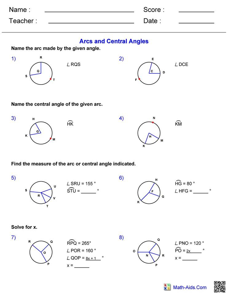 Worksheets Central Angles And Arcs