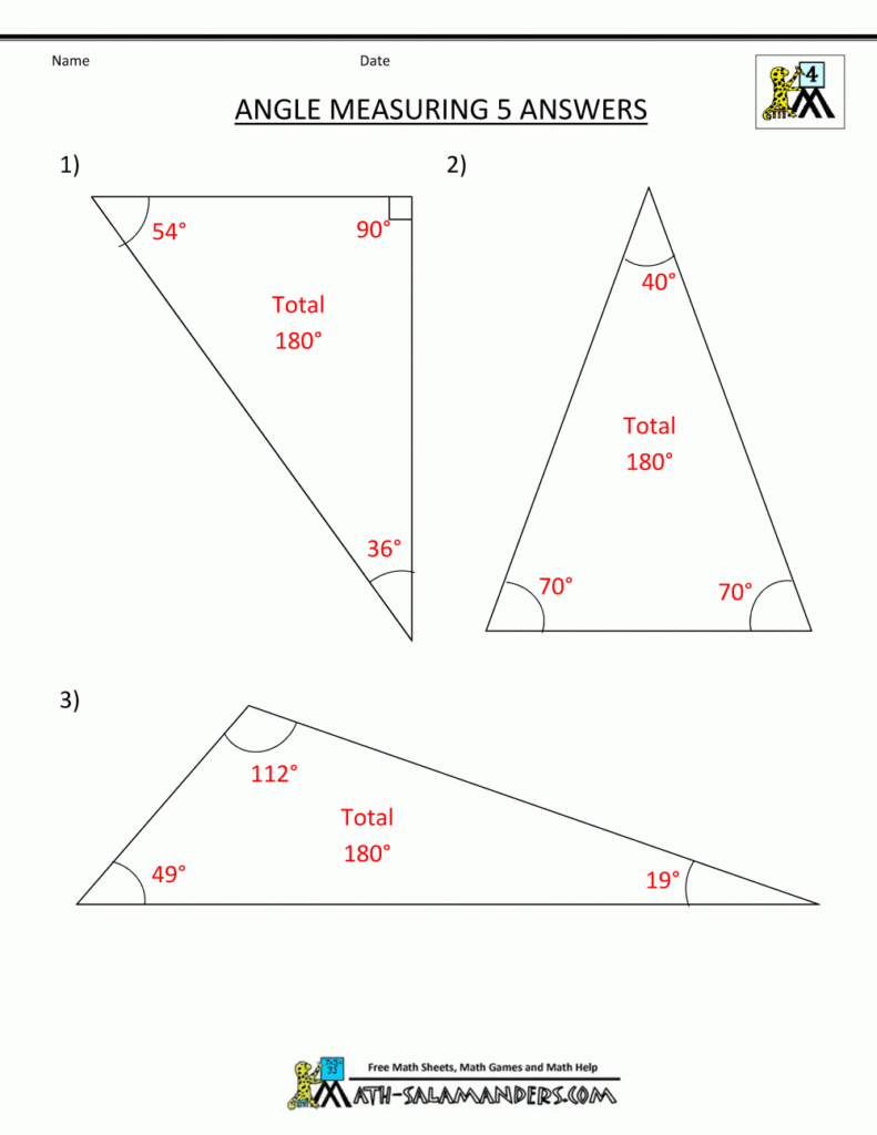 Angle Measuring 5 Answers 4th Grade Math Worksheets Angles Math 
