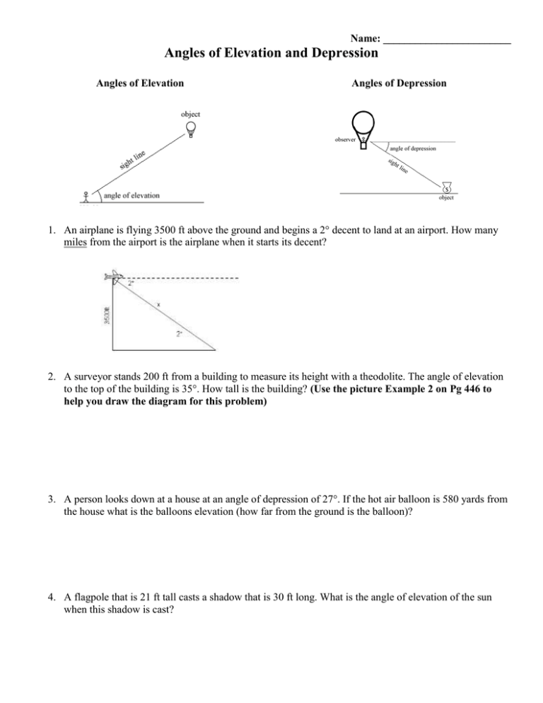 Angle Of Elevation And Depression Worksheet Answers Studying Worksheets