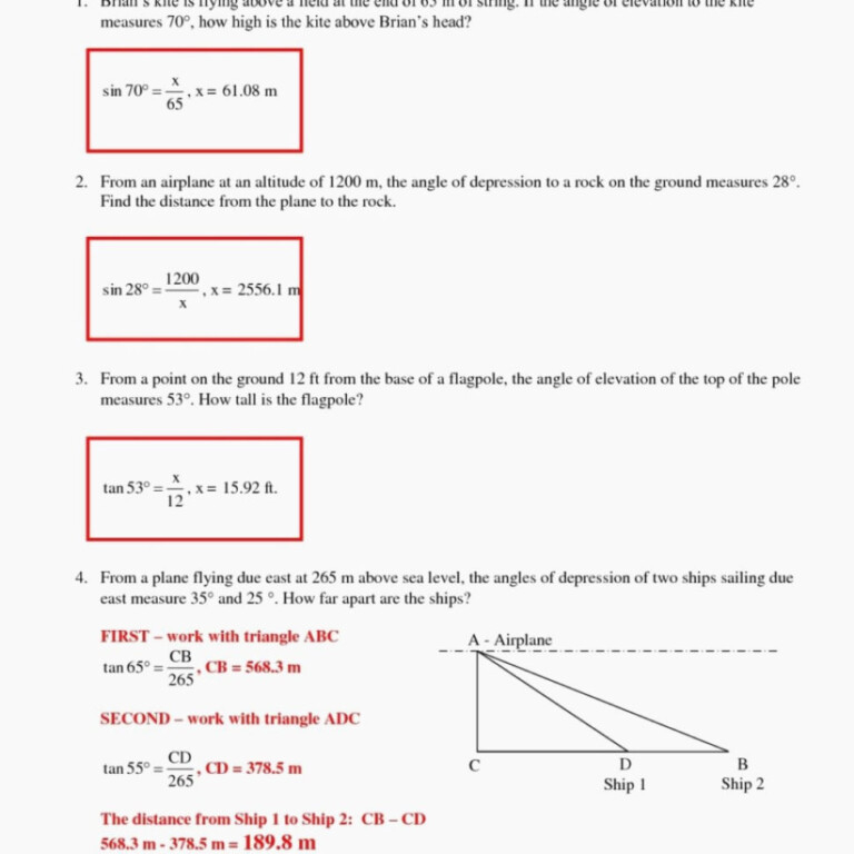 Angle Of Elevation And Depression Worksheet Applications Of Right