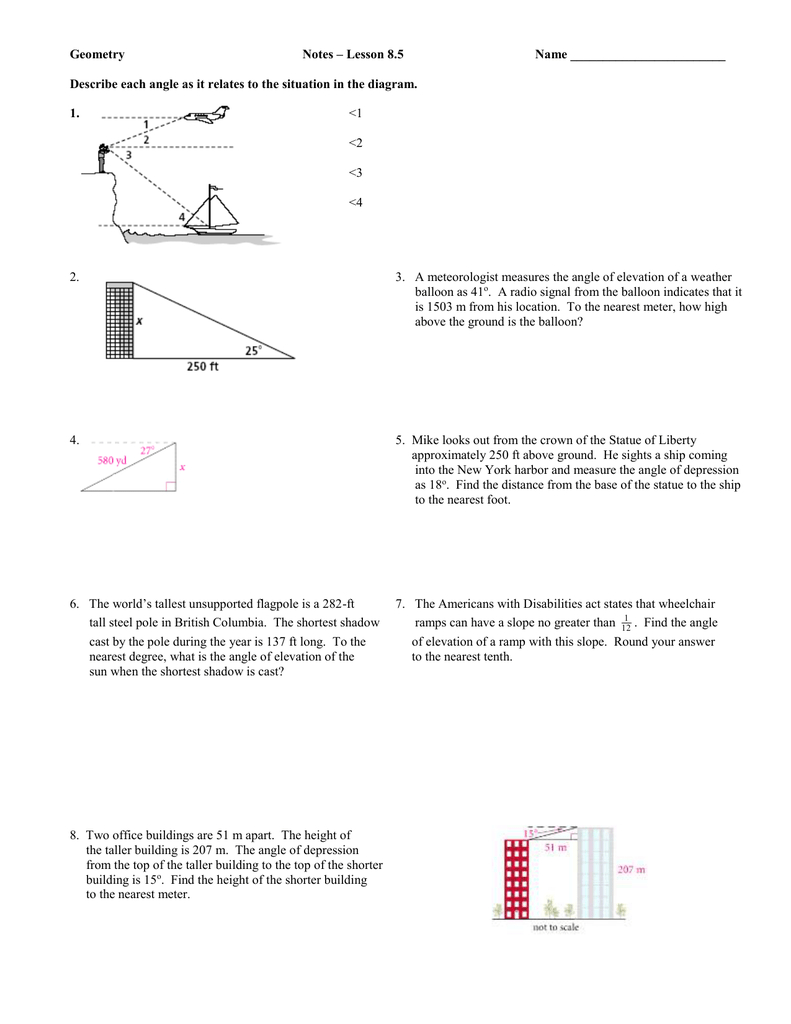 Angle Of Elevation And Depression Worksheet With Solutions Decalinspire