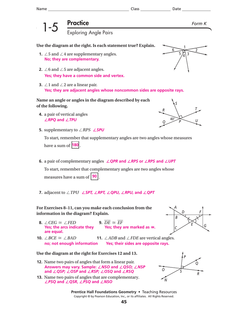 Angle Pair Relationships Worksheet Answer Key