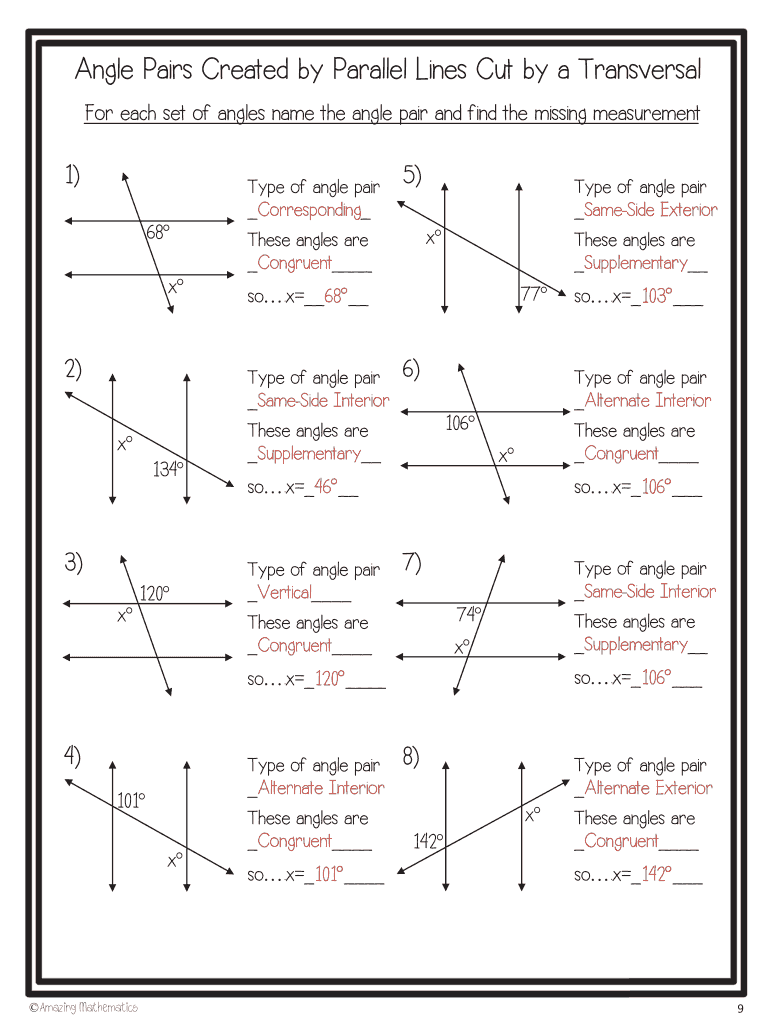 Angle Pairs Created By Parallel Lines Cut By A Transversal Fill 