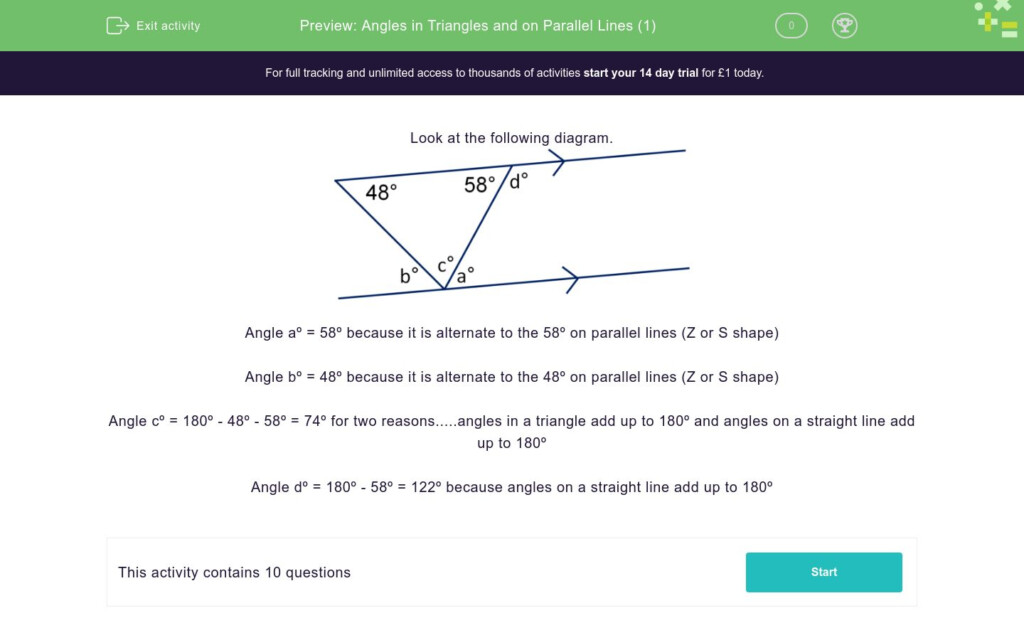 Angles In Triangles And On Parallel Lines 1 Worksheet EdPlace
