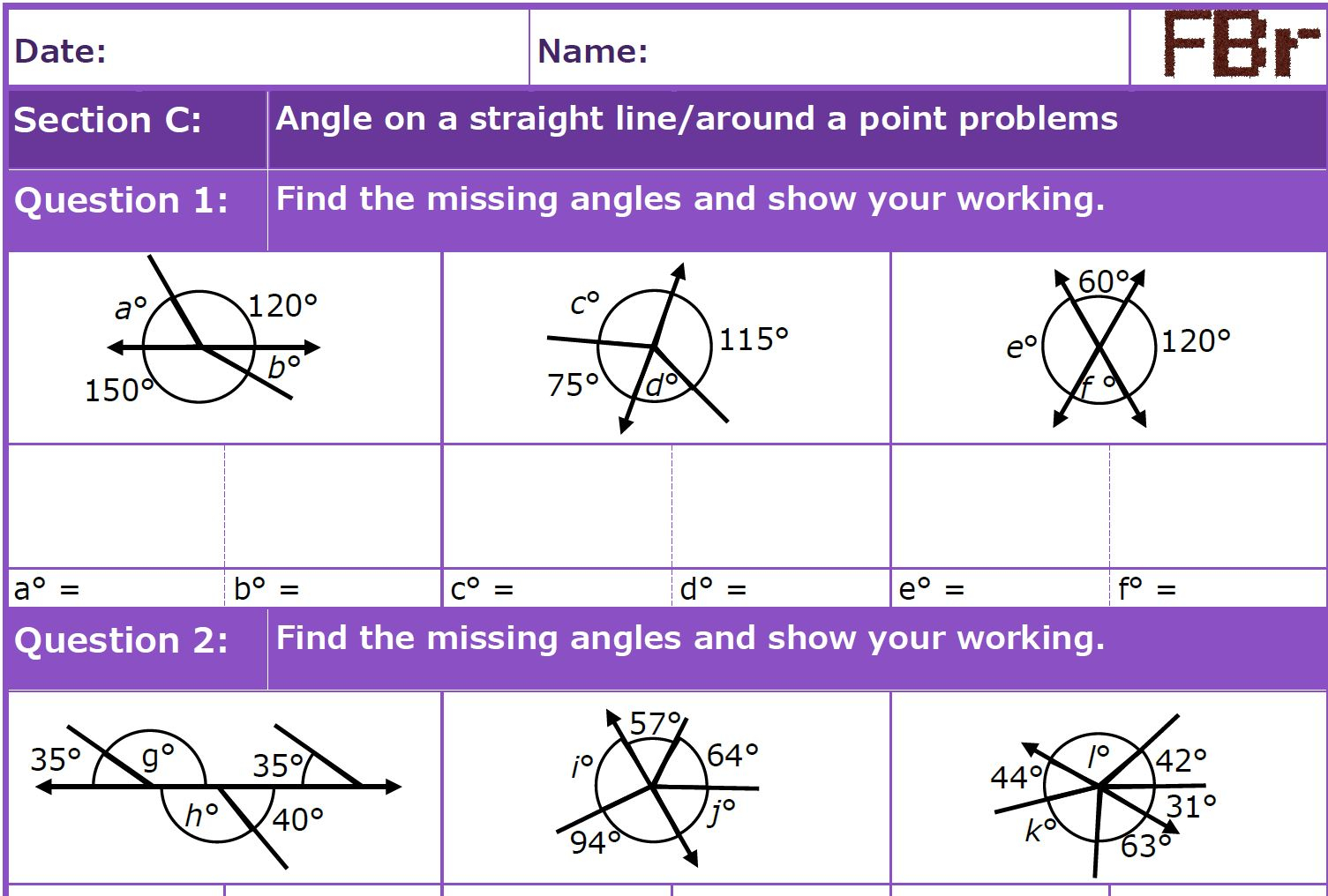 Angles On A Straight Line Around A Point Worksheet Teaching Resources