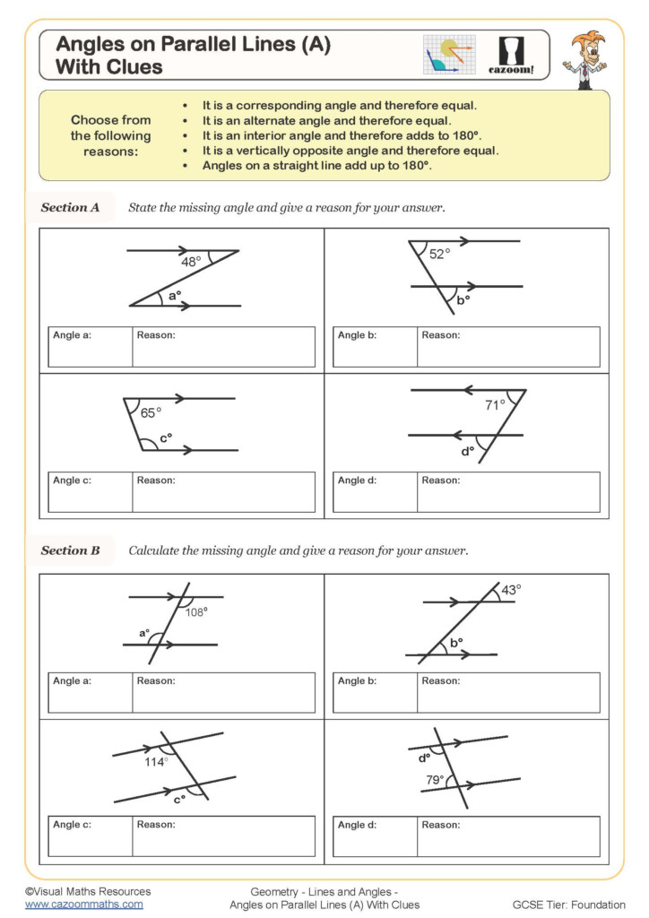 Angles On Parallel Lines A With Clues Worksheet Fun And Engaging 