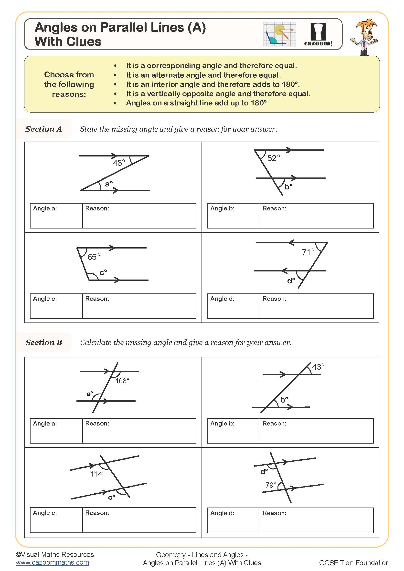 Angles On Parallel Lines A With Clues Worksheet Fun And Engaging