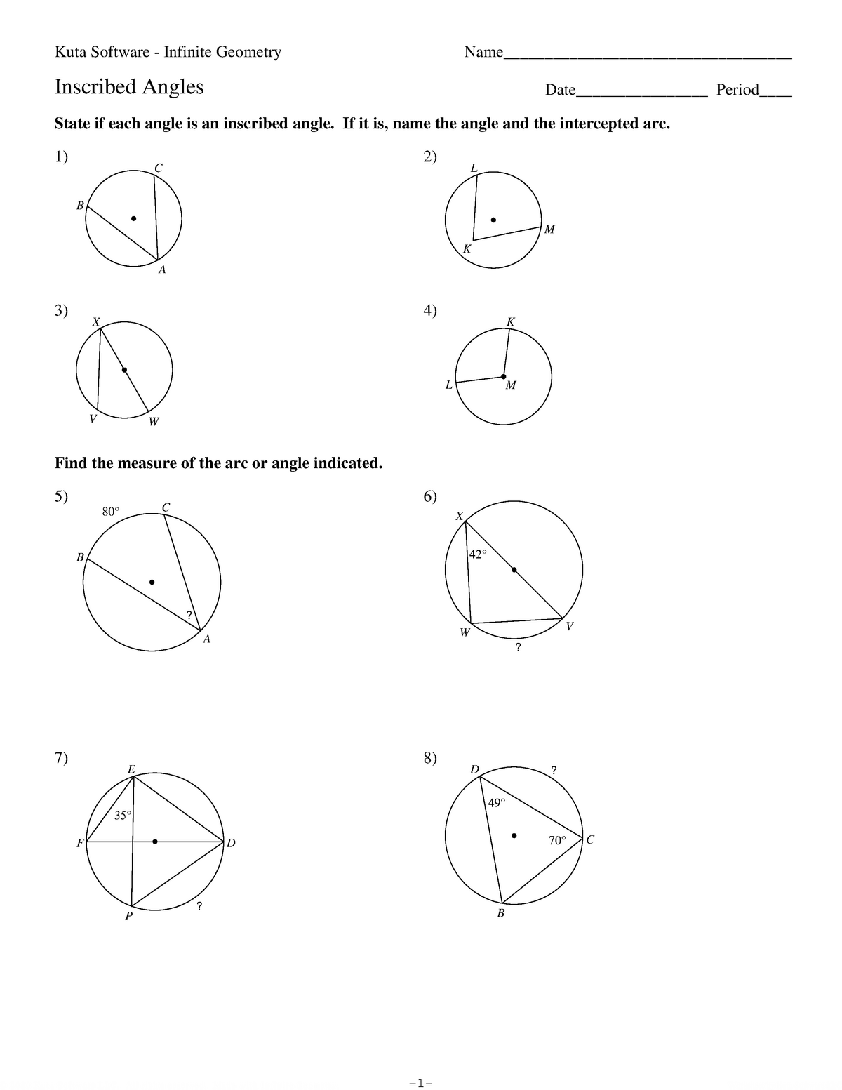 Inscribed Angles Worksheet With Answers - Angleworksheets.com