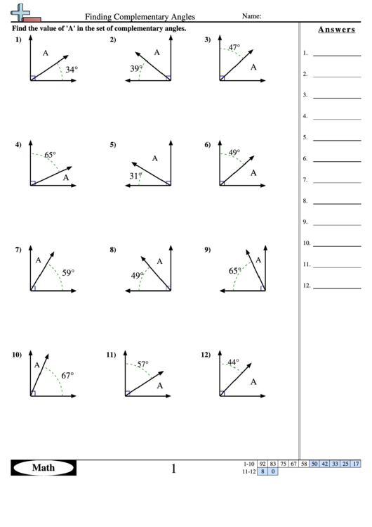 Finding Complementary Angles Geometry Worksheet With Answers