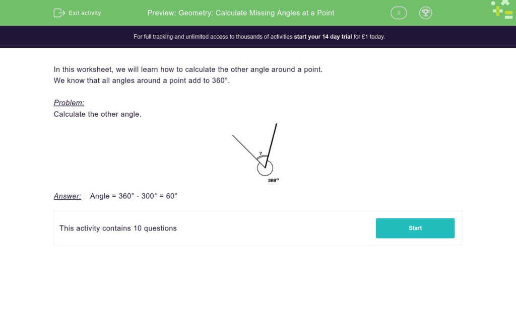 Geometry Calculate Missing Angles At A Point Worksheet EdPlace