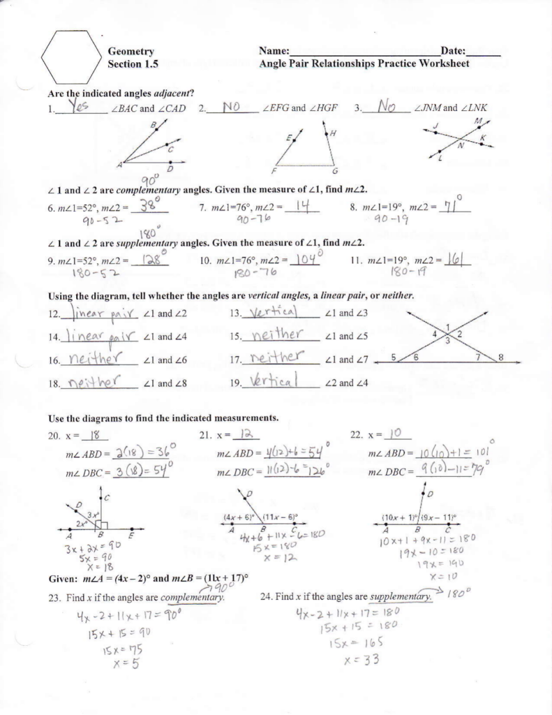 Geometry Section 1 5 Angle Pair Relationships Practice Worksheet 