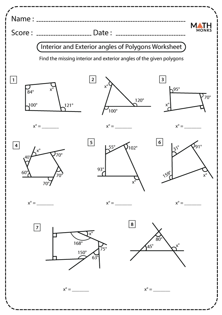 Interior And Exterior Angles Of Polygons Worksheets